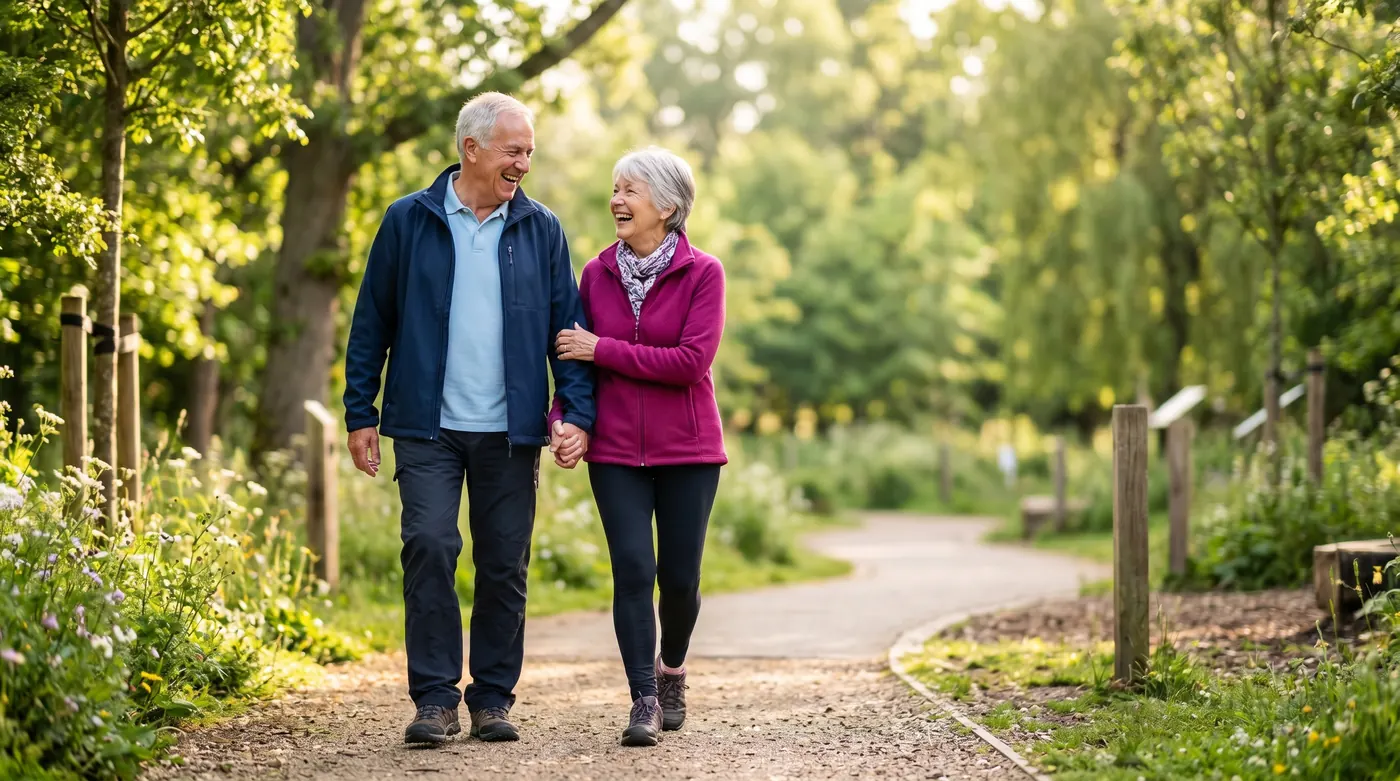Casal de idosos caminhando de braços dados por uma trilha arborizada, rindo