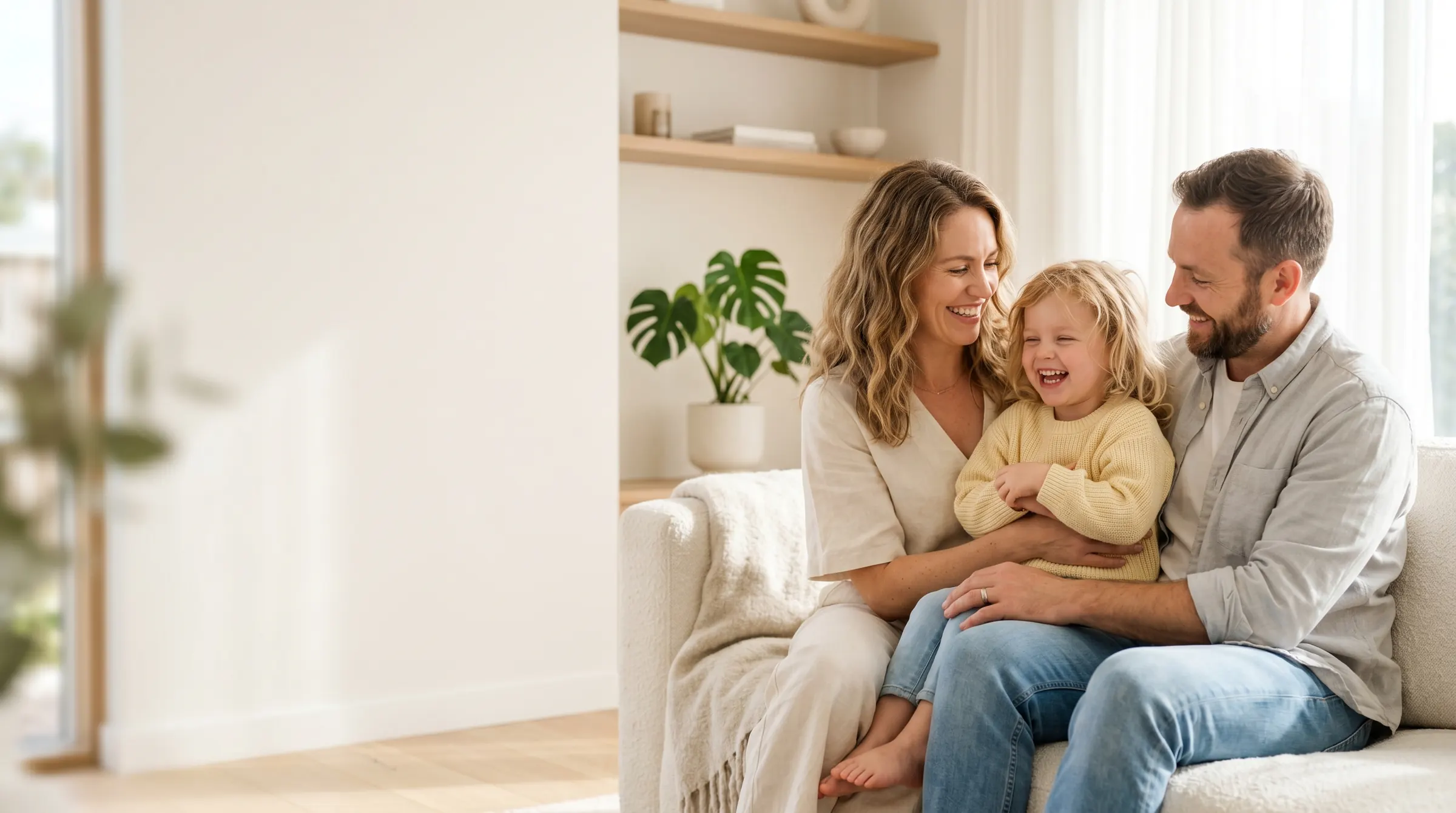 Pai, mãe e filha pequena rindo juntos no sofá da sala de casa